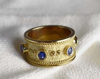 Gold Sapphire Ring, Multi Gemstone Sapphire Eternity Band, Wide Sapphire Gold Ring, Byzantine Sapphire Ring, Gold Antique Sapphire Jewelry