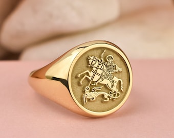 14K Gold Saint George and the Dragon Signet Ring, Sovereign Gold