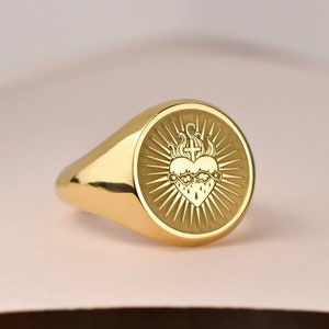 14K Solid Gold Sacred Heart Signet Ring, Catholic Signet Ring, Sacred Heart of Jesus Jewelry, Immaculate Heart of Mary, Catholic Gift