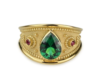 14K Gold Green Emerald Ancient Greek Ring, Dainty Byzantine Ring for Women, Emerald Anniversary Ring For Her, Emerald Promise Ring Gift