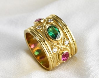 Solid Gold Byzantine Emerald Ring For Women, Wide Gold Band, Multi Gemstone Ring, Byzantine Jewelry, Etruscan Gold Ring, Medieval Gold Ring