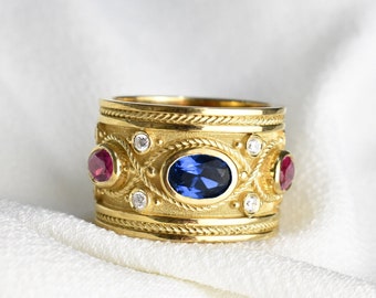 Blue Sapphire Bezel Byzantine Ring, Wide Gold Ring, Sapphire Stone Ring, Gold Byzantine Jewelry, Ancient Greek Ring, Women Sapphire Band