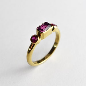 Three Stone Ruby Gold Ring, Rectangle Ruby Stone Ring, Three Stone Engagement Ring, Women Gold Promise Ring, Red Ruby Jewelry, Gift For Her