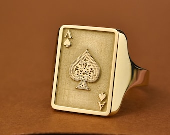 14K Gold Ace of Spades Signet Ring, Gold Playing Card Ring, Rectangle Signet Ring, Gift for Gambler, Motorhead Signet Ring, Gift for Biker