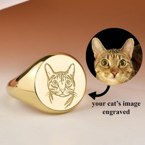 Chevalière personnalisée en or 14 carats avec photo de chat, bijoux avec image de chat réel, bague photo de chat réel, chevalière commémorative pour animal de compagnie, cadeau pour propriétaire de chat, cadeau femme