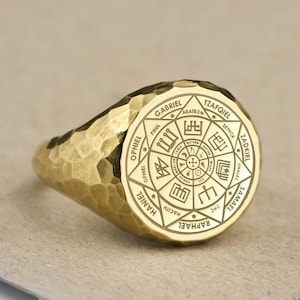 14K Gold Seven Archangel Signet Ring, Hammered Angelic Jewelry, Catholic Protection Ring, Spiritual Gift for Him, Archangels Symbol