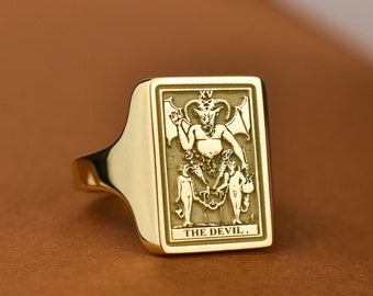 14K Gold The Devil Tarot Card Ring, Gold Rectangle Tarot Card Ring, Death Tarot Card Ring, Moon Tarot Card Ring, Lovers Tarot Card Ring