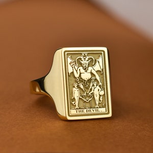 14K Gold The Devil Tarot Card Ring, Gold Rectangle Tarot Card Ring, Death Tarot Card Ring, Moon Tarot Card Ring, Lovers Tarot Card Ring