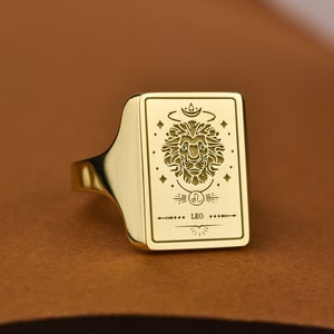 14K Solid Gold Sternzeichen Tarot Karte Siegelring, Leo Sternzeichen Anhänger, Horoskop Siegelring, Astrologie Zeichen Ring, Geburtstagsgeschenk