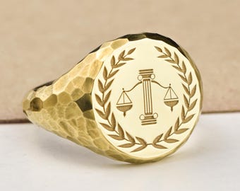 14K Gold Scales of Justice Signet Ring, Hammered Lawyer Jewelry, Legal Symbol Ring, Law School Gift for Him, Protection Ring for Attorneys