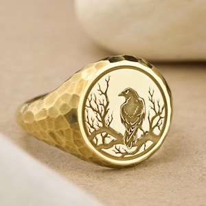 14K Solid Gold Raven Signet Ring, Hammered Bird Jewelry, Norse Symbol Ring, Odin’s Messenger Gift for Him, Mystic Protection Ring for Men