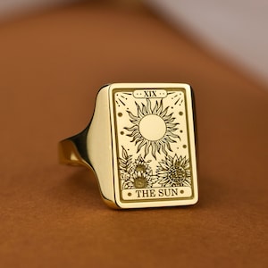 14K Gold Die Sonne Tarot Karte Siegelring, Rechteck Tarot Karte Ring, Tarot XIX Sonne Schmuck, Geschenk für Freundin, himmlischen Ring, Tarot Geschenke