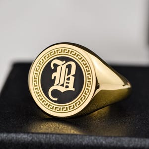 14K Gold Custom Initial Signet Ring, Black Enamel Center Ring, Personalized Letter Ring, Custom Gold Signet Ring Gift, Monogram Pinky Ring