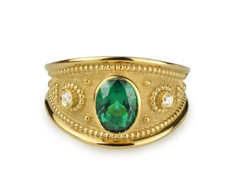 14K Gold Green Emerald Italian Ring, Roman Gold Ring, Ancient Roman Jewelry, Dainty Emerald Ring For Women, Emerald Promise Ring For Her