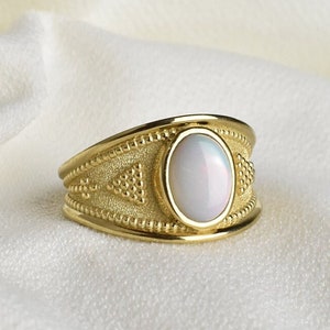 White Opal Byzantine Ring, Gold Opal Ring, Natural Opal Ring, Genuine Opal Ring, Byzantine Jewelry, Etruscan Ring, Wide Opal Women Band