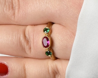 Dainty Ruby Ring For Women, Multi Gemstone Ring, Solid Gold Ring, Anniversary Gift for Her, Mothers Day Gift, Ring For Mom, Gift for Mum