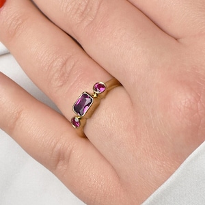 Three Stone Ruby Gold Ring, Rectangle Ruby Stone Ring, Three Stone Engagement Ring, Women Gold Promise Ring, Red Ruby Jewelry, Gift For Her