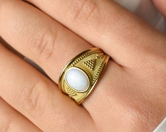 White Opal Byzantine Ring, Gold Opal Ring, Natural Opal Ring, Genuine Opal Ring, Byzantine Jewelry, Etruscan Ring, Wide Opal Women Band