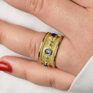 Gold Sapphire Ring, Multi Gemstone Sapphire Eternity Band, Wide Sapphire Gold Ring, Byzantine Sapphire Ring, Gold Antique Sapphire Jewelry