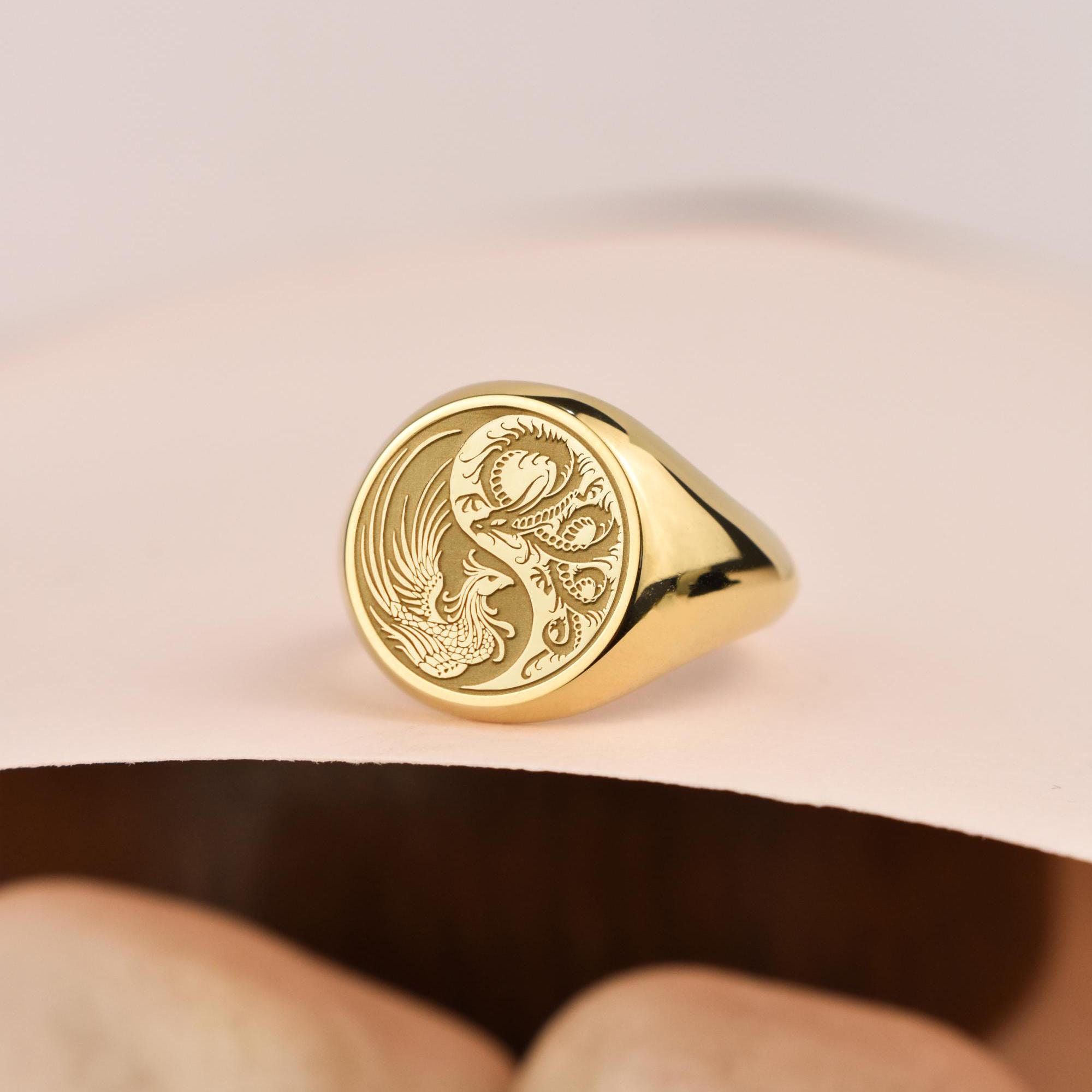 14K Gold Phoenix & Dragon Yin Yang Signet Ring, Personalized Yin