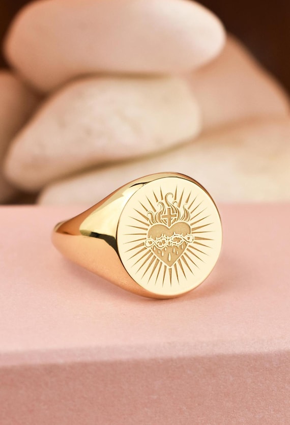 14K Gold Sacred Heart of Jesus Signet Ring, Personalized Flaming