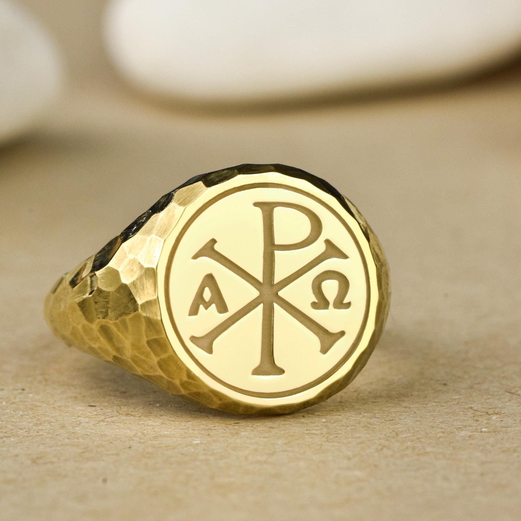 14K Gold Chi Rho Signet Ring, Hammered Christogram Ring, Greek ...