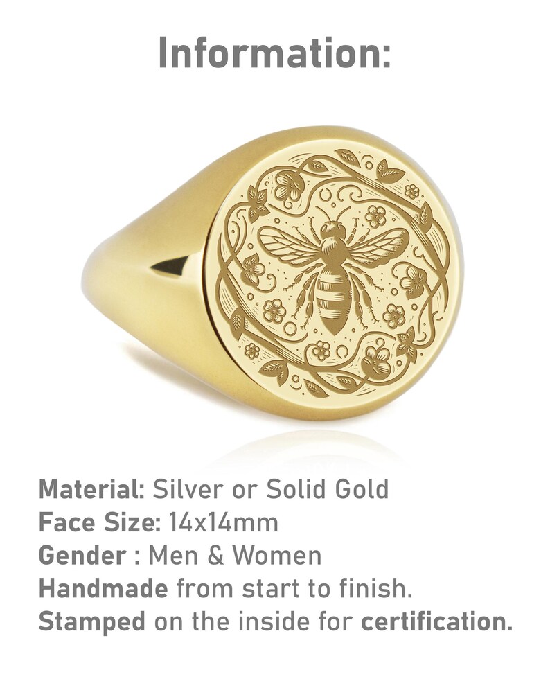Signet Insect 14K Gold Bee Signet Ring, Insect Ring, Bumblebee Engraved Ring ...