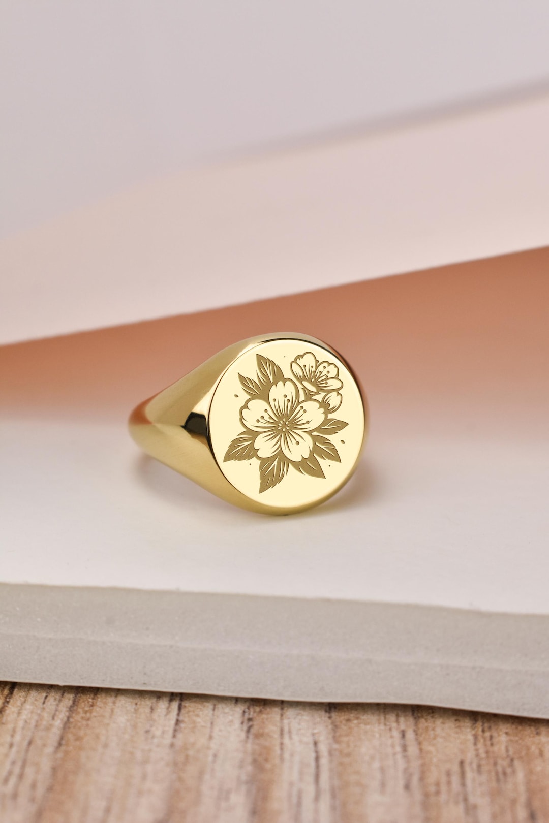 14K Gold Cherry Blossom Signet Ring, Sakura Charm, Custom Hanami Ring ...