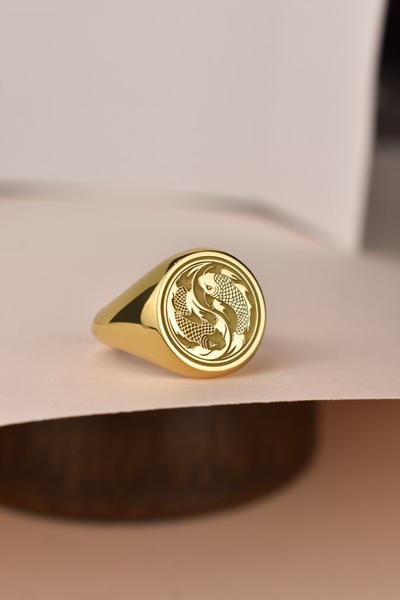 14K Gold Koi Fish Signet Ring, Nishikigoi Fish Jewelry