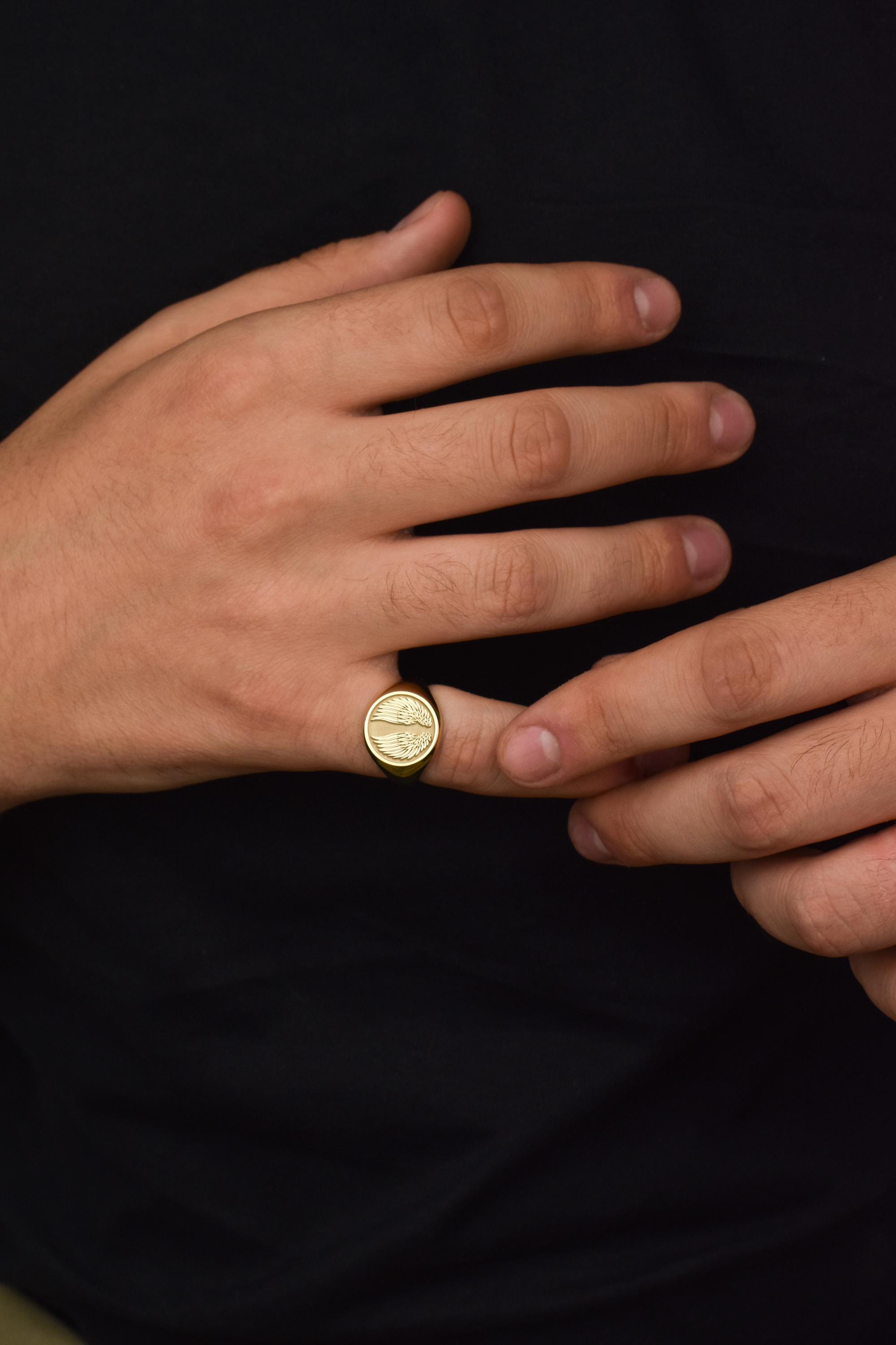 14K Solid Gold Angel Wings Signet Ring, Wings of Angel Amulet, Angelic ...