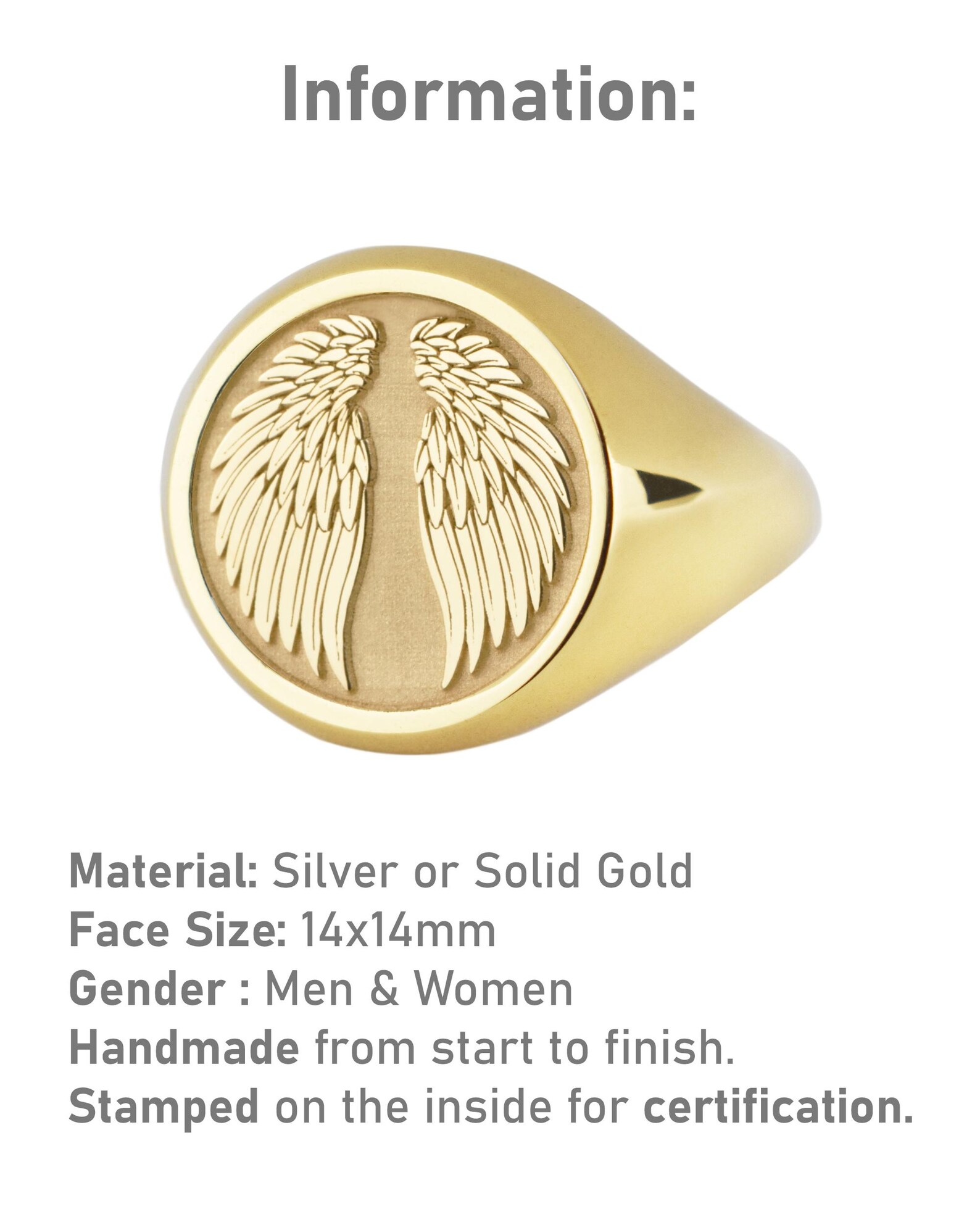 14K Solid Gold Angel Wings Signet Ring, Wings of Angel Amulet, Angelic ...