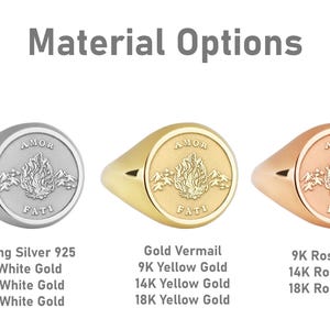 K&ouml;nnte beinhalten: Drei Siegelringe mit der Gravur "AMOR FATI" auf der Oberseite. Die Ringe sind in Sterlingsilber, Gold-Vermeil und Ros&eacute;gold dargestellt.