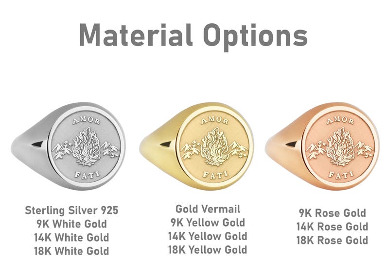 K&ouml;nnte beinhalten: Drei Siegelringe mit der Gravur "AMOR FATI" auf der Oberseite. Die Ringe sind in Sterlingsilber, Gold-Vermeil und Ros&eacute;gold dargestellt.