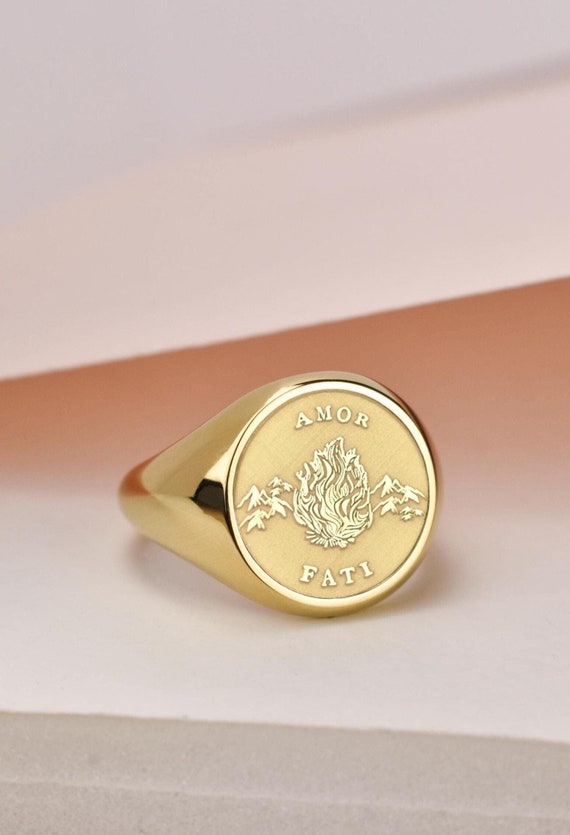 14K Gold Amor Fati Signet Ring, Personalized Stoicism Ring, Love of Fate Round Ring for Men, Latin Phrase Ring for Women, Amor Fati Jewelry