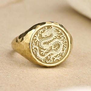 14K Solid Gold Chinese Dragon Signet Ring, Hammered Mythical Jewelry, Lunar Symbol Ring, Eastern Gift for Him, Protection Ring for Men