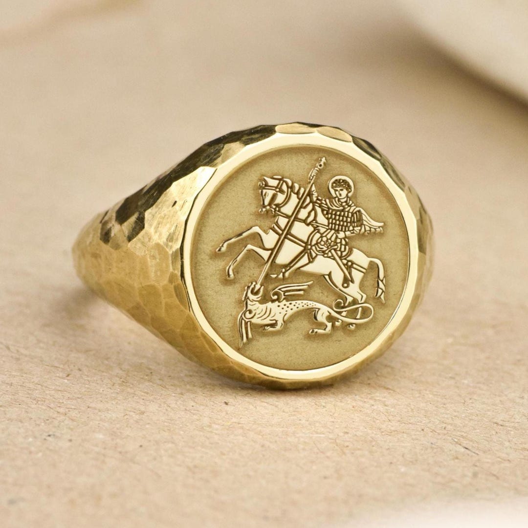 14K Real Gold Saint George Signet Ring Hammered Catholic Jewelry 