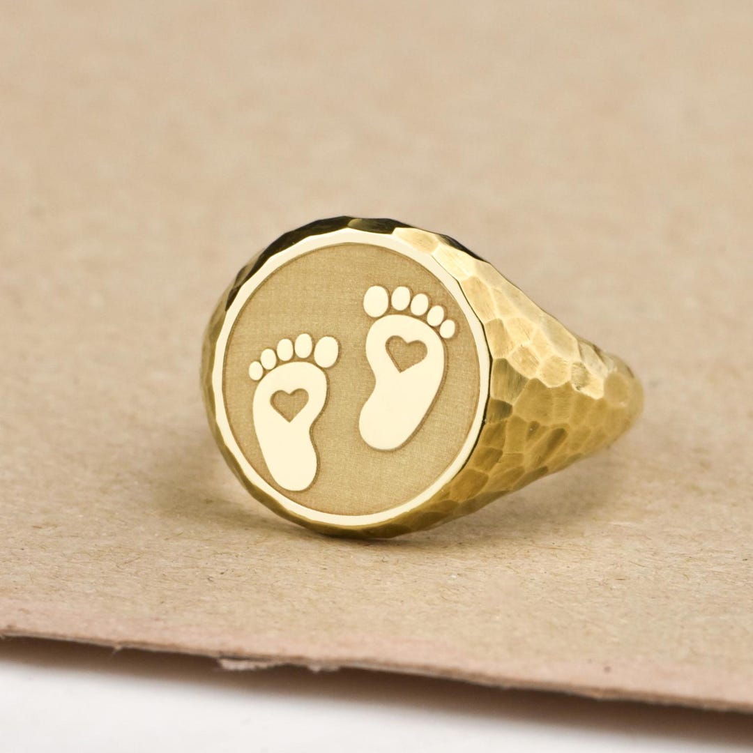 14K Gold Baby Feet Signet Ring, Hammered New Parent Jewelry, Birth ...