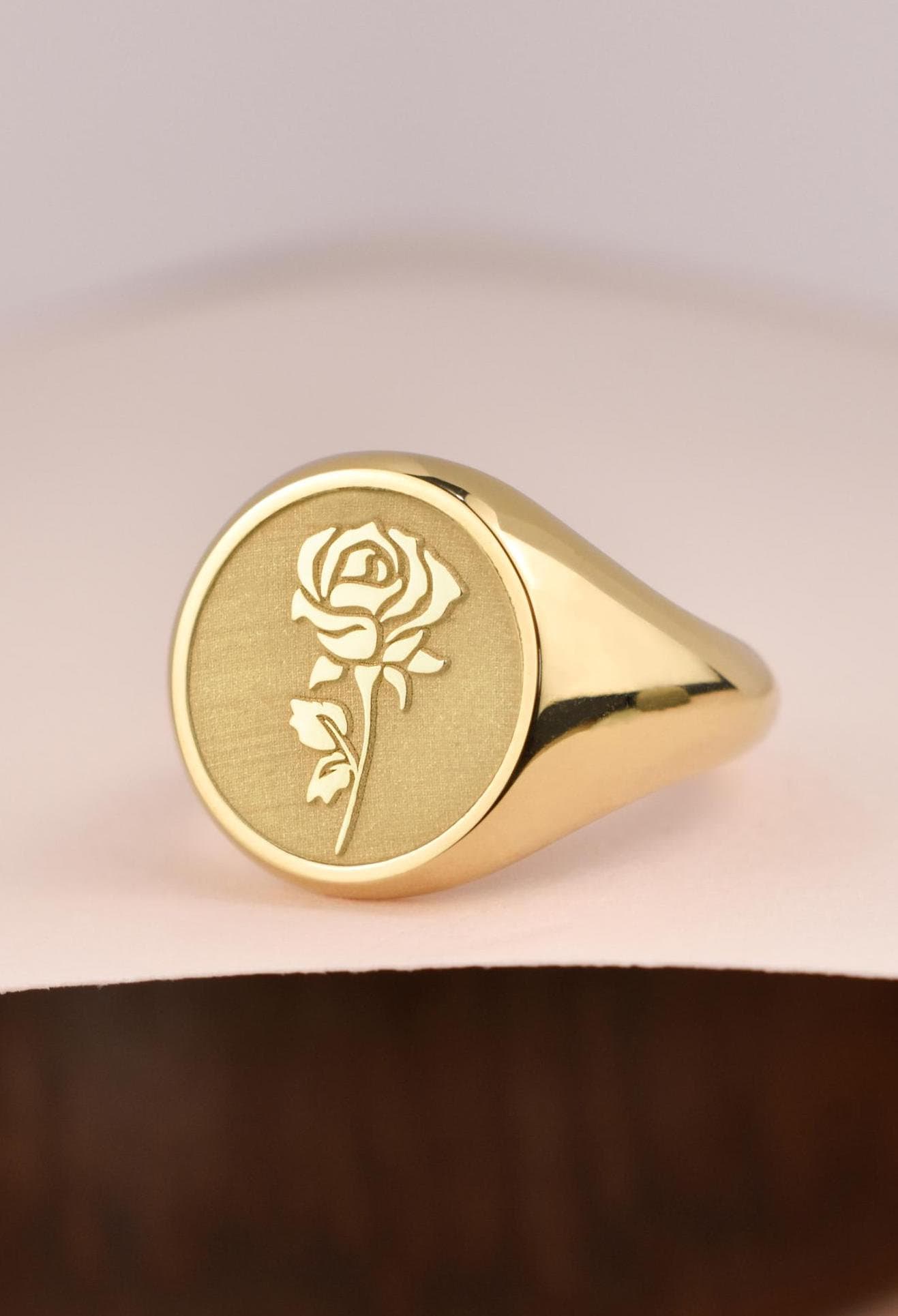 14K Gold Rose Flower Signet Ring, Round Birth Month Flower Ring