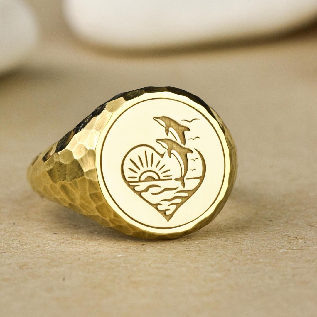Signet Ring Real 14K Real Gold Dolphin Signet Ring, Hammered Ocean Jewelry, Marine ...