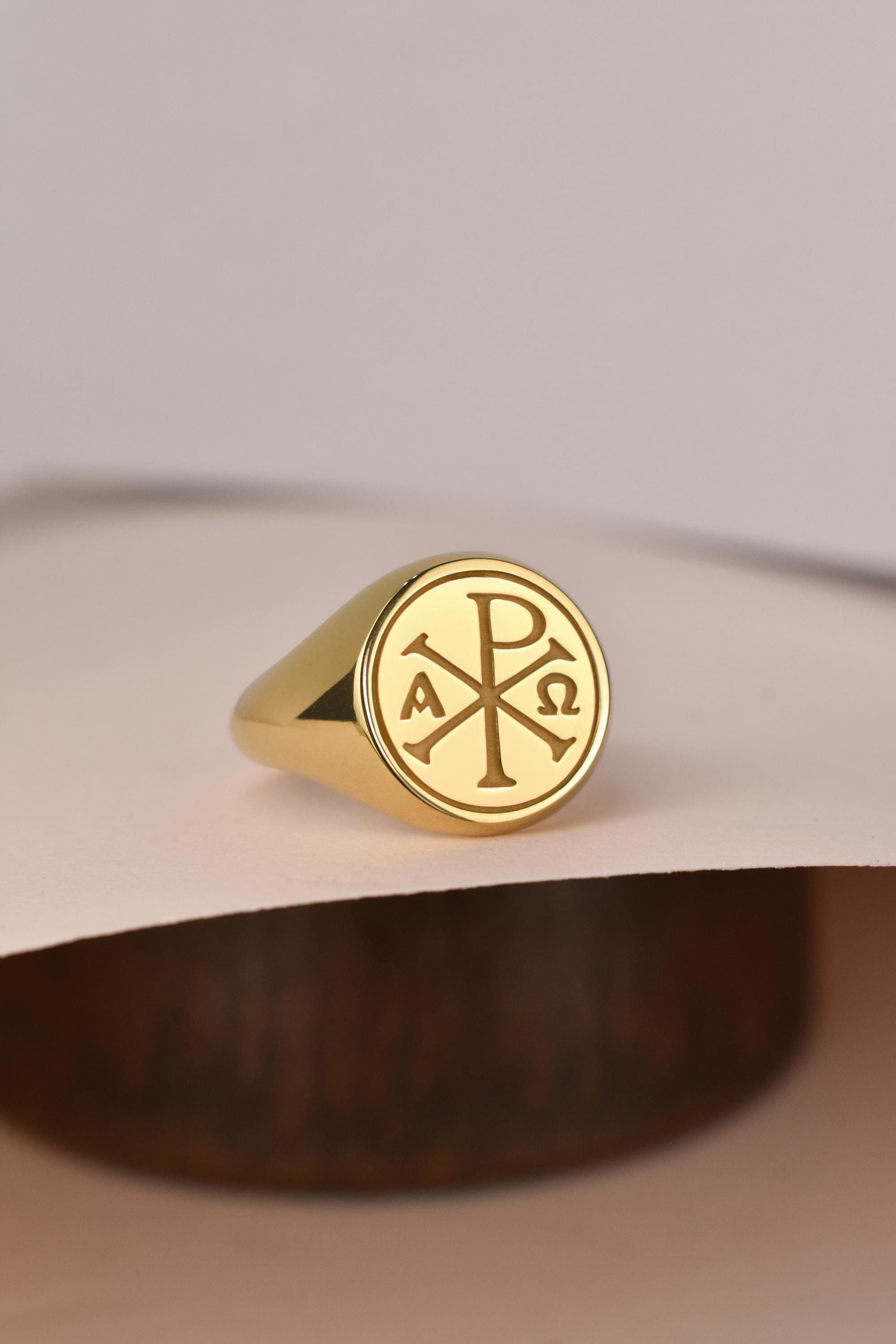 14K Gold Chi Rho Symbol Signet Ring, Greek PX Jewelry, Christogram Ring, Greek Orthodox Baptism Gift, Protection Signet Ring For Relatives