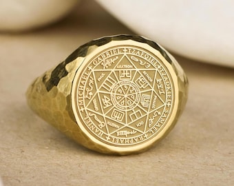14K Gold Seven Archangels Signet Ring, Hammered Angel Ring, Catholic Jewelry, Guardian Angel Gift, Protection Ring for Men or Women, Solomon