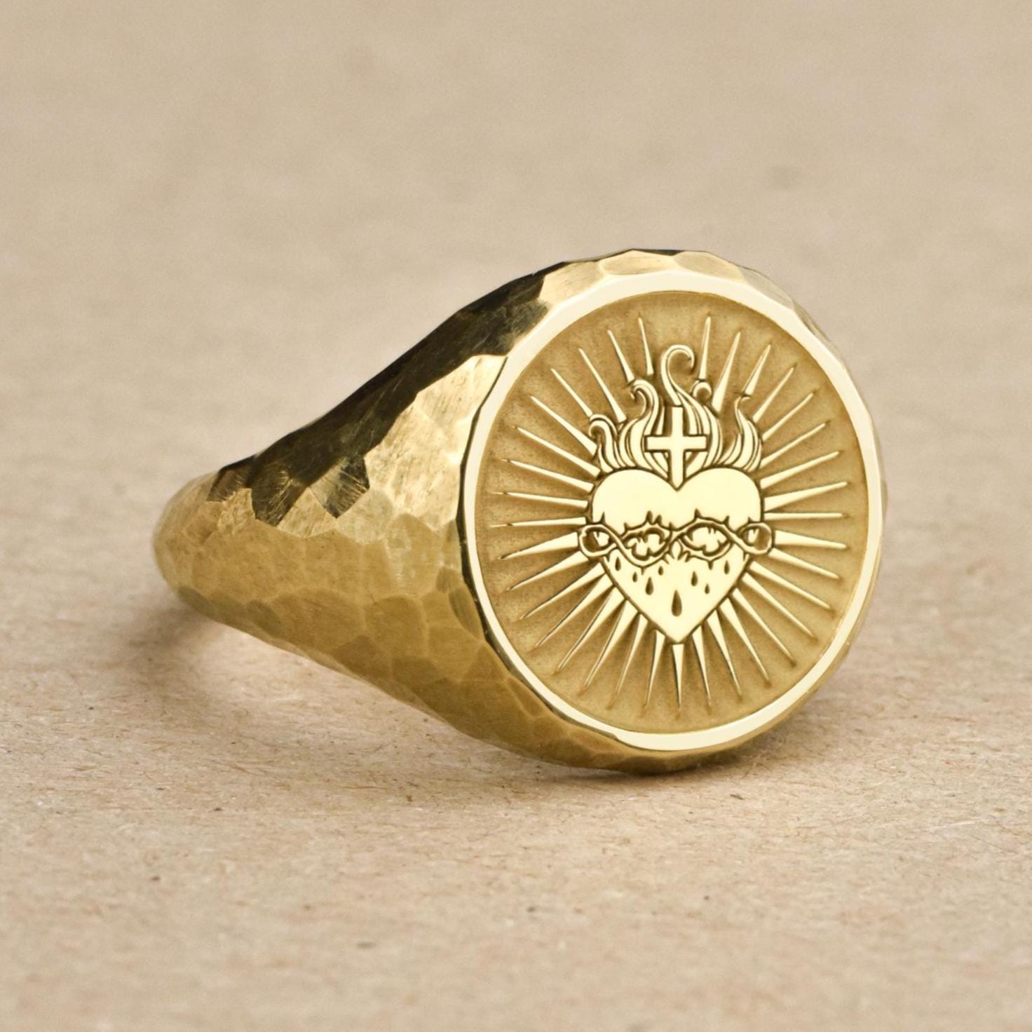14K Gold Sacred Heart Signet Ring, Hammered Catholic Jewelry, Divine ...