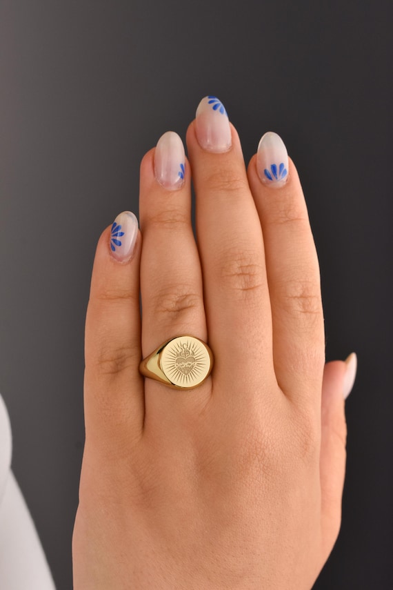 14K Gold Sacred Heart of Jesus Signet Ring, Personalized Flaming