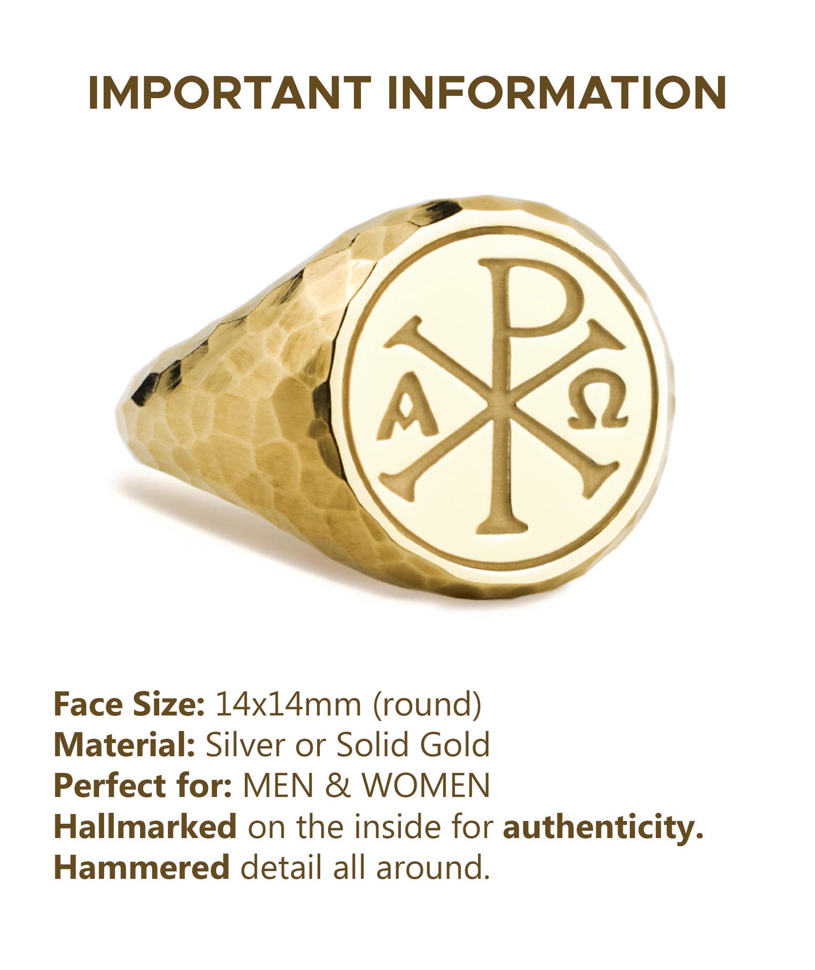 14K Gold Chi Rho Signet Ring, Hammered Christogram Ring, Greek ...