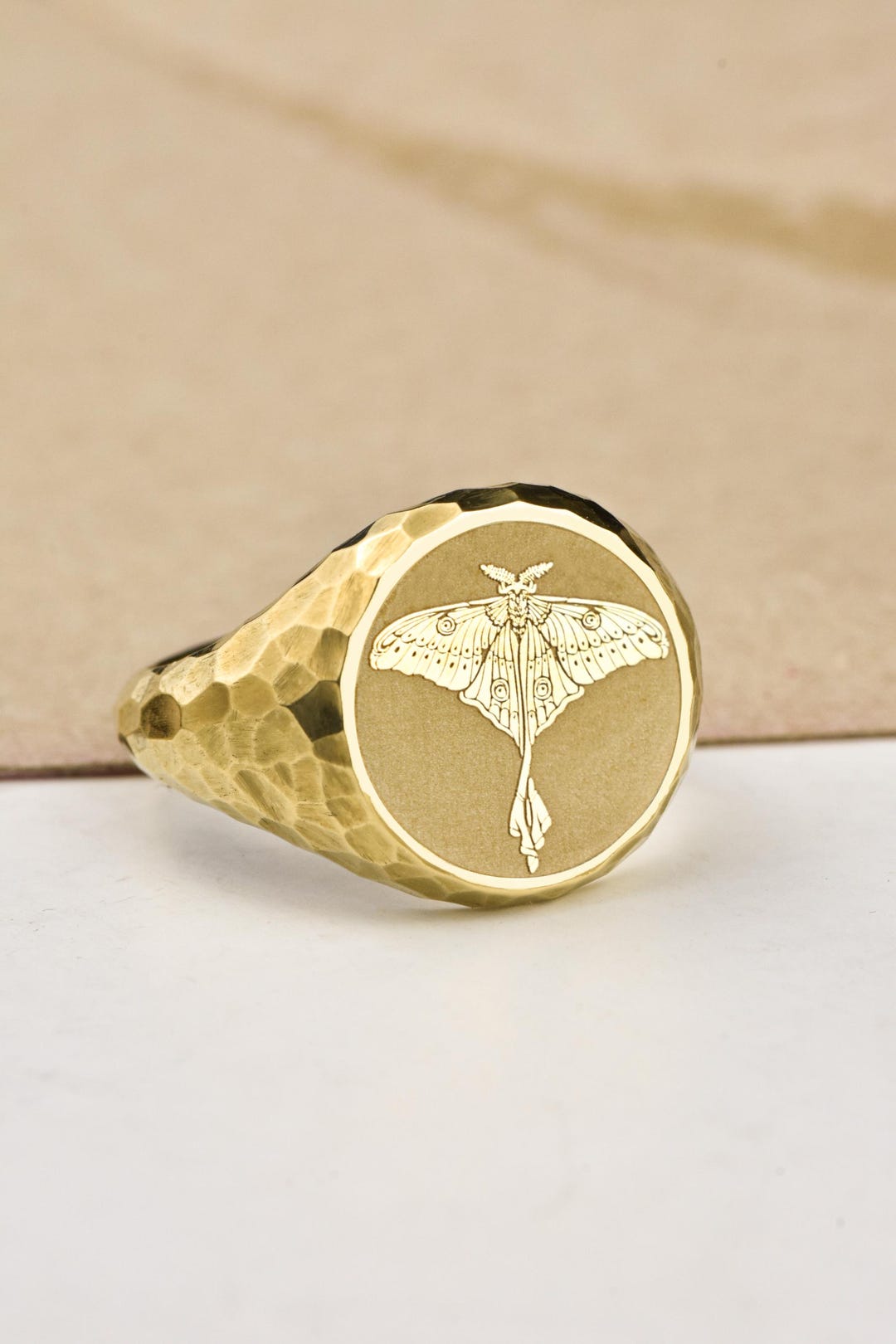 Signet Insect 14K Solid Gold Moth Signet Ring, Hammered Insect Jewelry, Symbol of ...