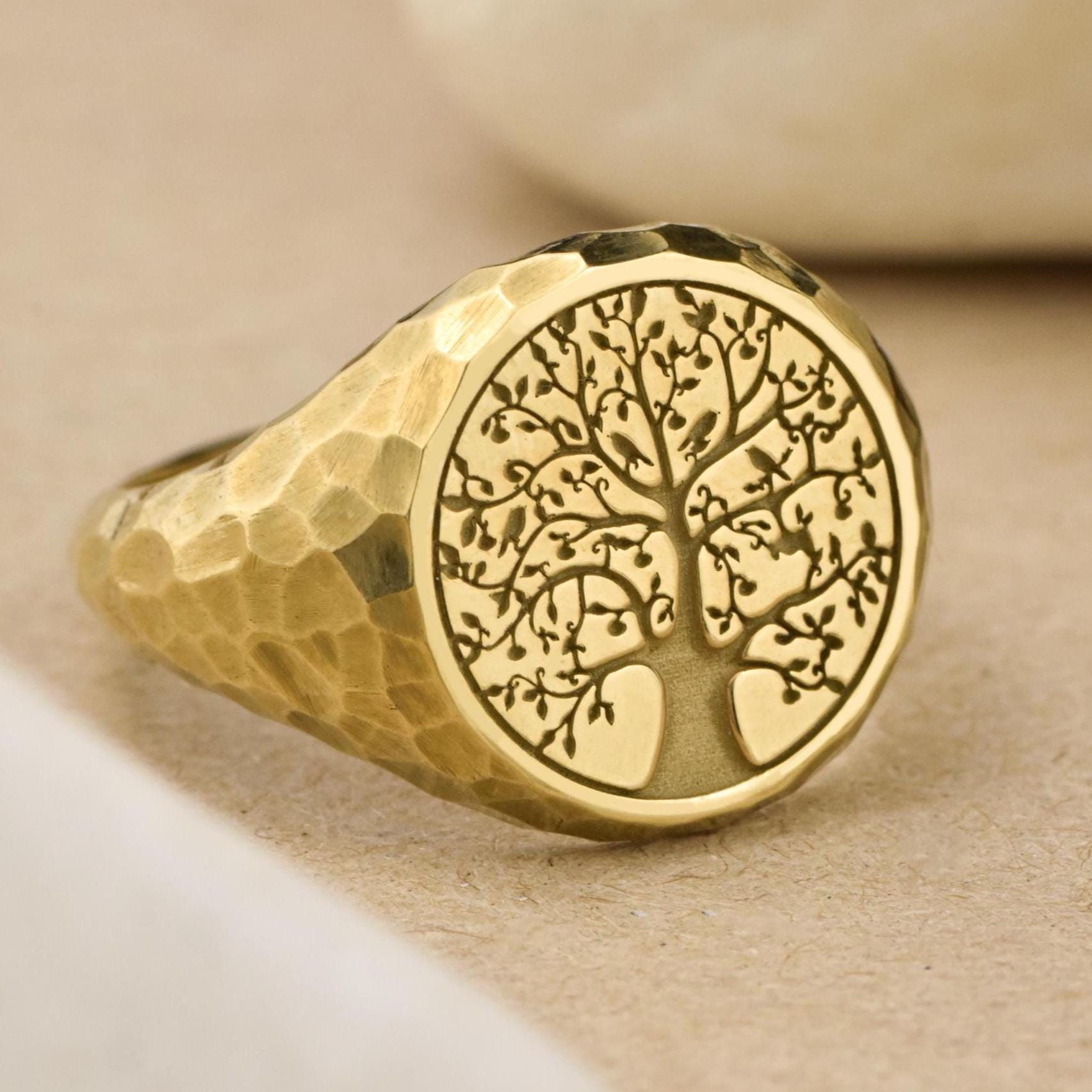 14K Gold Tree of Life Signet Ring, Hammered Spiritual Jewelry