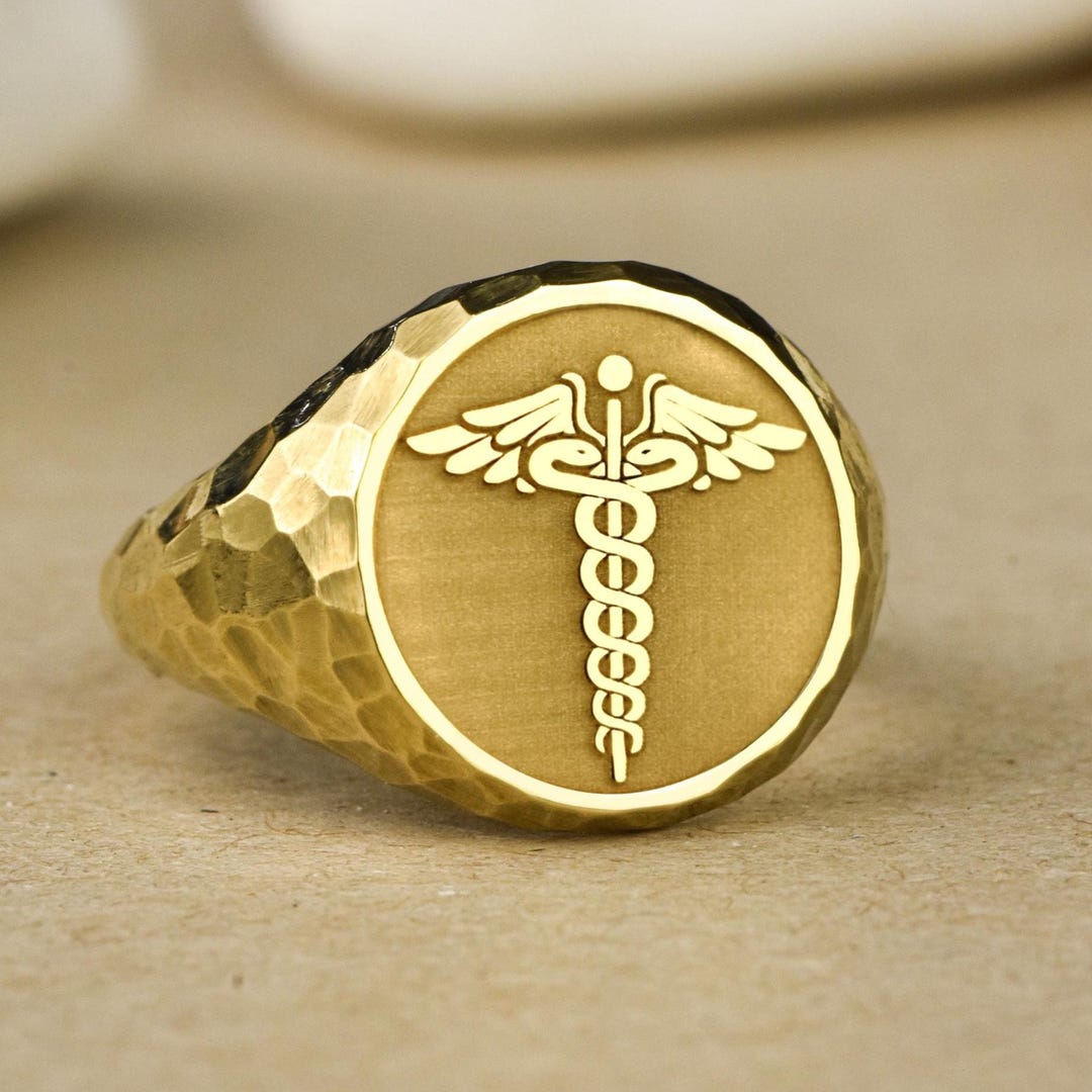 14K Gold Medic Signet Ring, Hammered Medical Symbol Jewelry, EMT