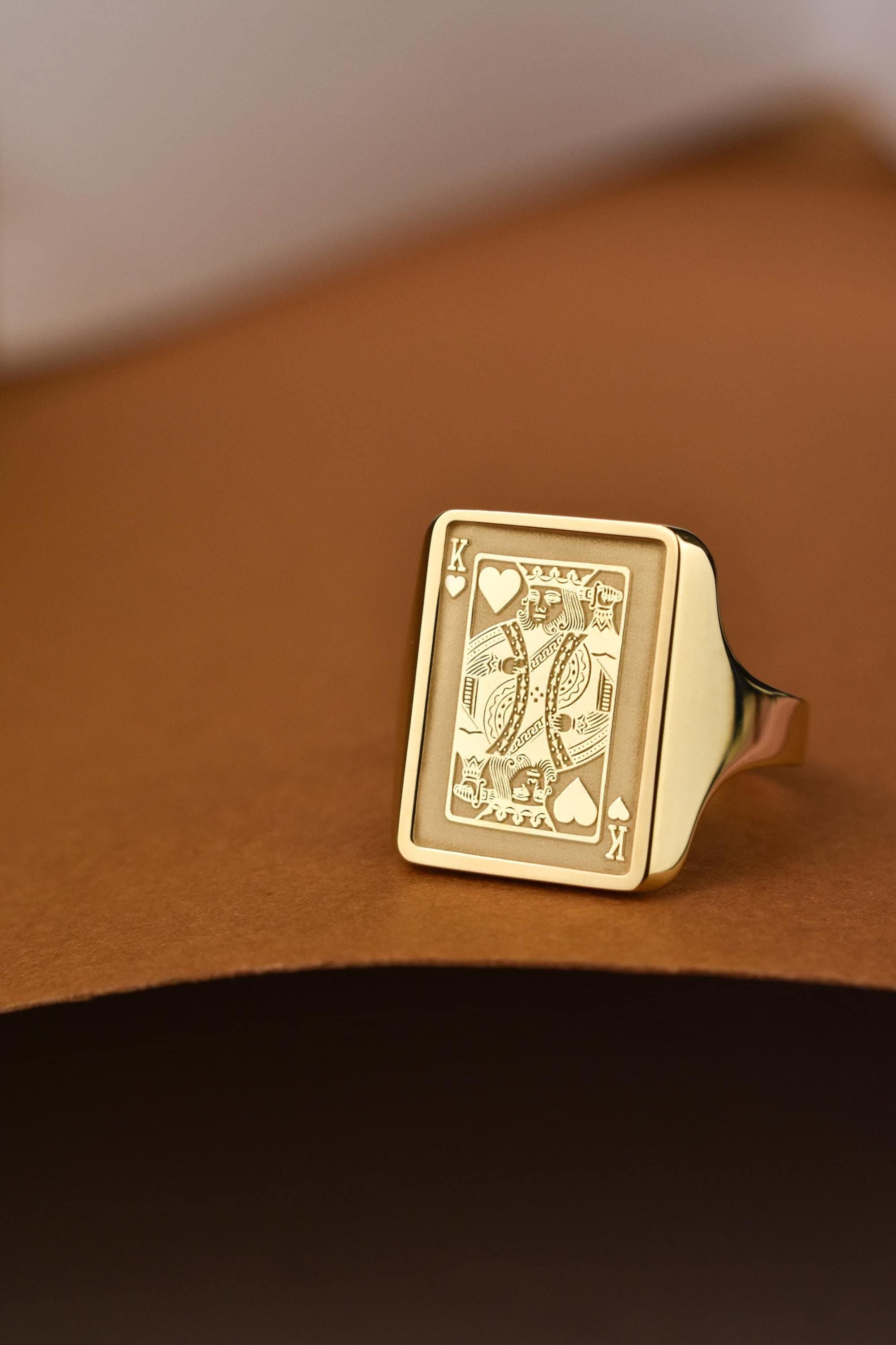 Solid 14k Yellow Gold Royal Flush Poker Ring | Lucky Nugget Band With Hearts, Handmade Casino Jewelry For Men (Size 11)