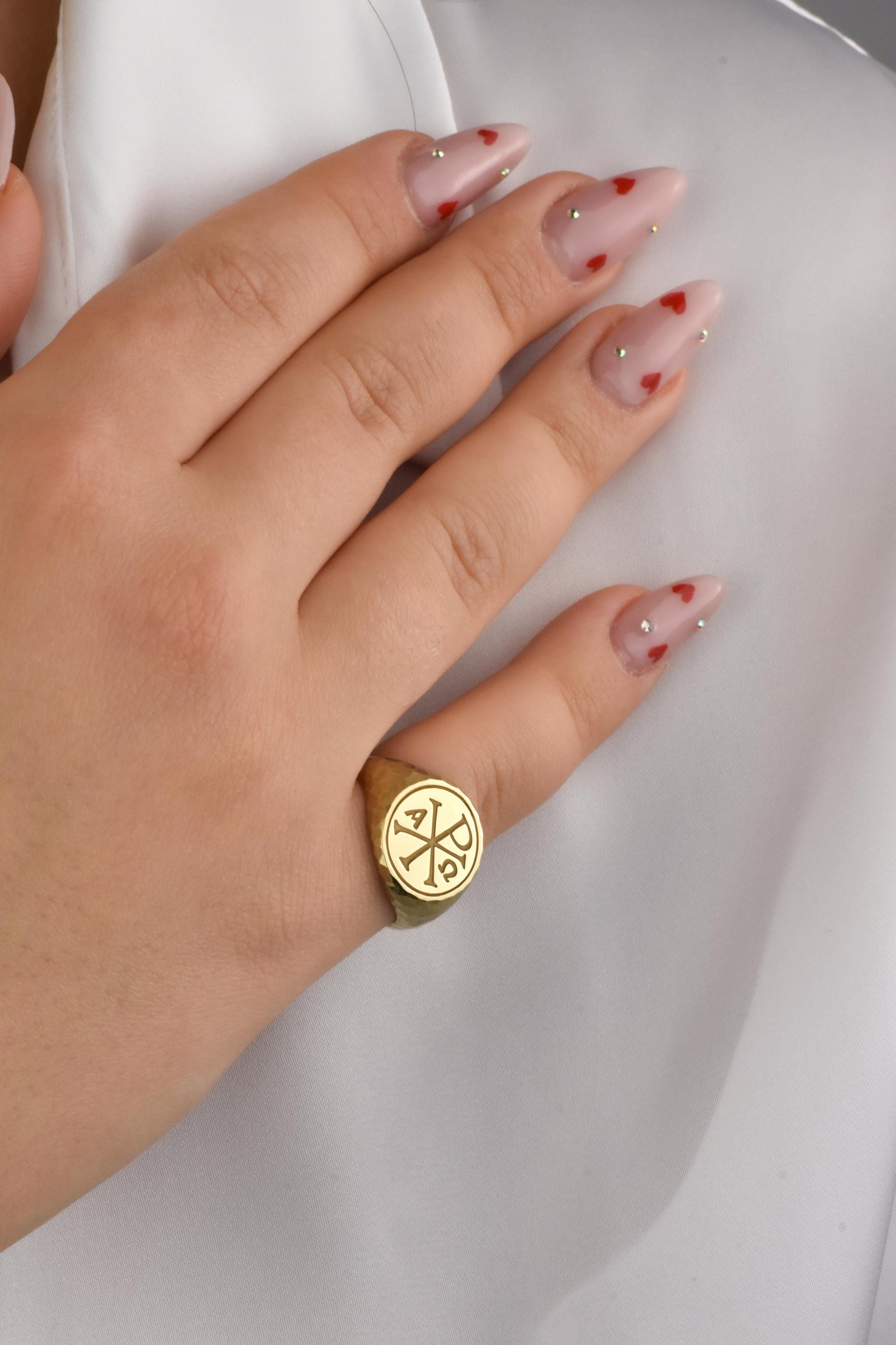 14K Gold Chi Rho Signet Ring, Hammered Christogram Ring, Greek ...