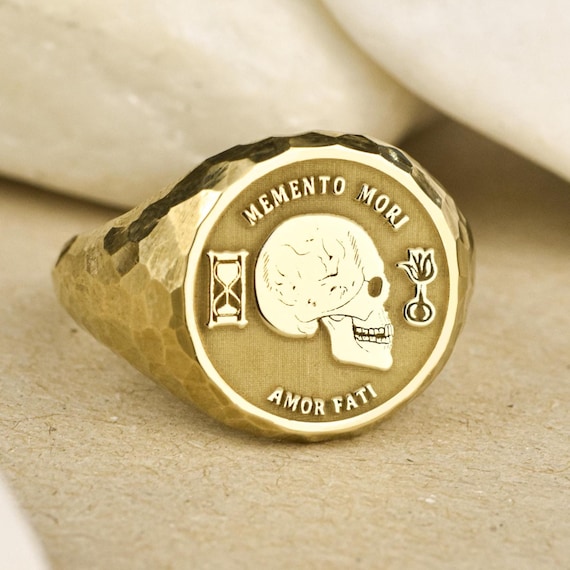 14K Gold Memento Mori Signet Ring, Hammered Skull Jewelry, Vanitas
